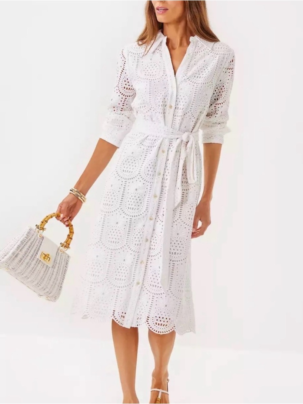 Lilly Pulitzer White Eyelet Midi Shirt Dress with Tie Waist